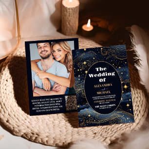 Invitation Photo Celestial Midnight Blue Stars Moon Mariage