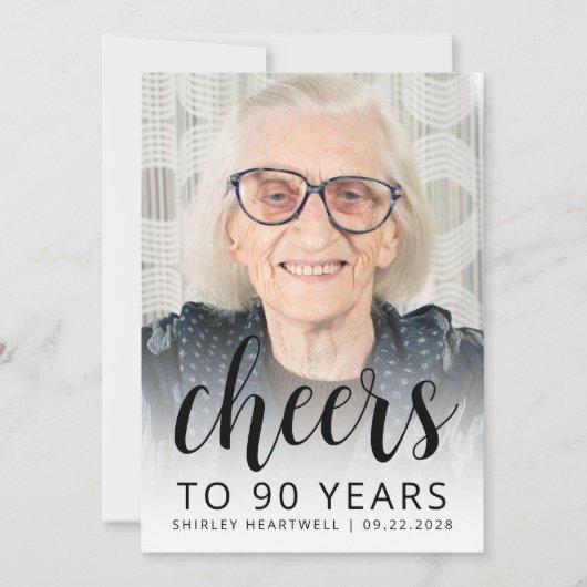 Invitation Photo Cheers Black Script 90th Birthday Party (Devant)