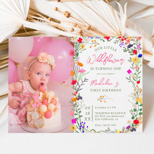 Invitation Photo chic boho fleurs sauvages éclatantes 1er ann