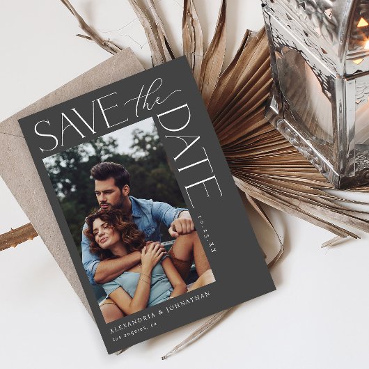 Invitation Photo chic design mod Enregistrer la date 2 gris f