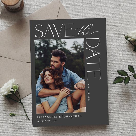 Invitation Photo chic design mod Enregistrer la date 2 gris f