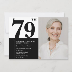 Invitation Photo chic noir blanc 79e anniversaire
