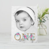 Invitation Photo chic or floral lettre 1er anniversaire blush (Debout devant)