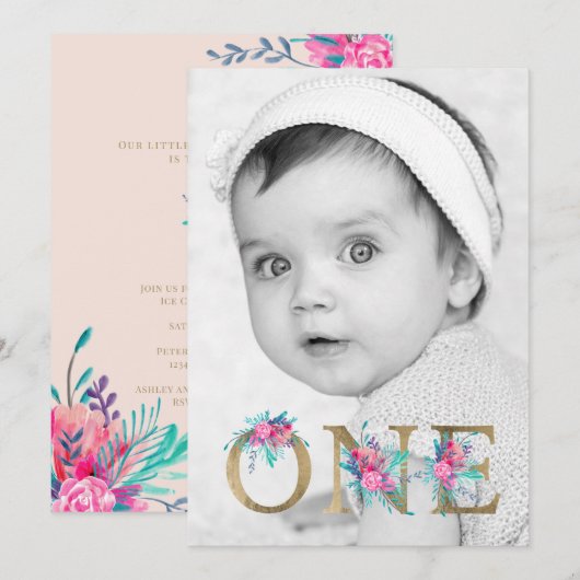 Invitation Photo chic or floral lettre 1er anniversaire blush (Devant / Derrière)