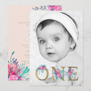 Invitation Photo chic or floral lettre 1er anniversaire blush