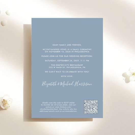 Invitation Photo Chic QR Code Dusty Blue Wedding Réception