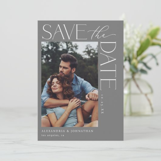Invitation Photo chic stylish Mod Enregistrer la date 2 gris (Debout devant)