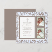 Invitation Photo Christening Soft Blue et Brown Paisley (Devant / Derrière)