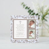 Invitation Photo Christening Soft Blue et Brown Paisley (Debout devant)