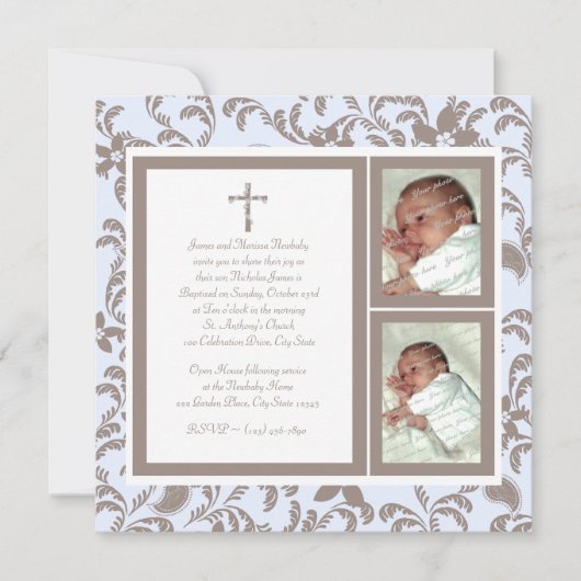 Invitation Photo Christening Soft Blue et Brown Paisley (Devant)