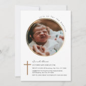 Invitation Photo circulaire moderne Croix d'or Baptême (Devant)