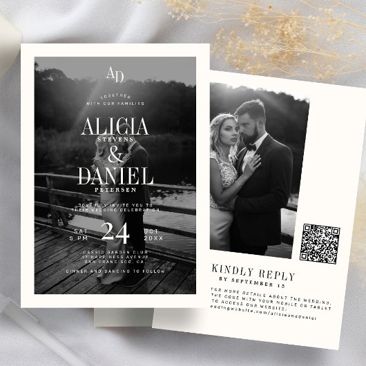 Invitation Photo classic black and ivory QR code RSVP wedding