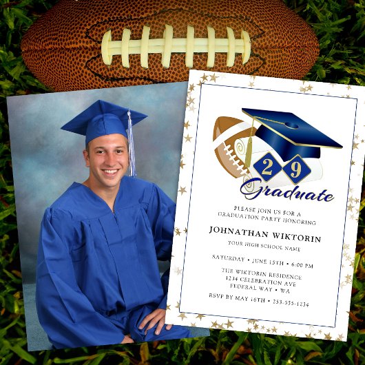 Invitation Photo Classic Graduation Cap Blue Gold Football