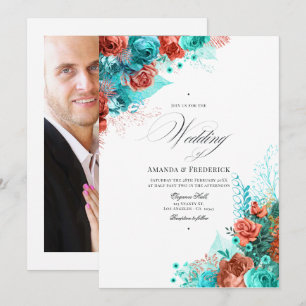 Invitation Photo classique de Mariage de fleurs turquoise et 