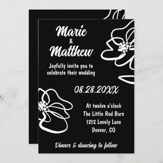 Invitation Photo Classique Gothique Noir Floral Mariage croqu (Devant / Derrière)