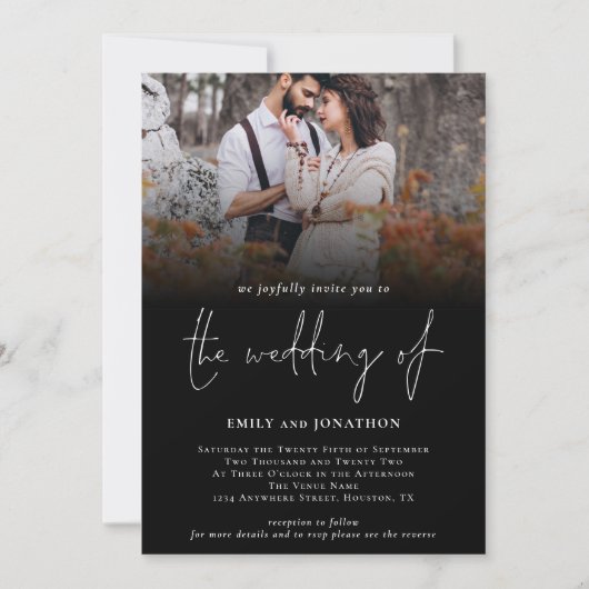 Invitation Photo classique QR Code Script Mariage noir (Devant)