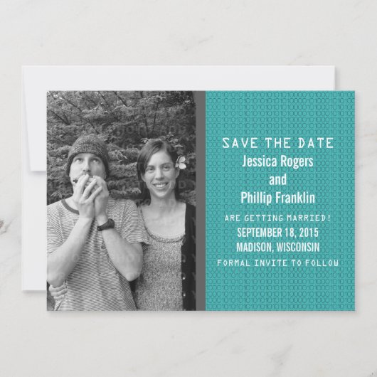 Invitation Photo Code binaire turquoise Enregistrer la date I (Devant)