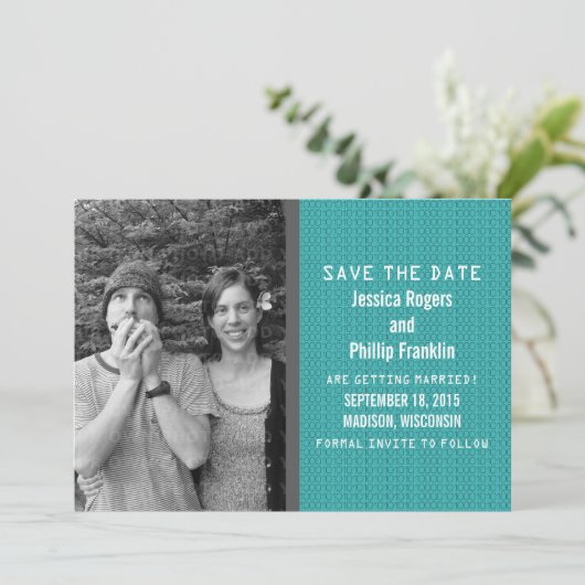 Invitation Photo Code binaire turquoise Enregistrer la date I (Debout devant)