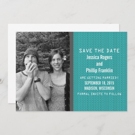 Invitation Photo Code binaire turquoise Enregistrer la date I (Devant / Derrière)