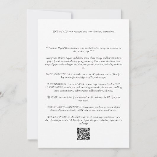 Invitation Photo Collage blanc Impression ou Mariage numériqu (Dos)