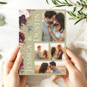 Invitation Photo Collage Bourgogne Floral Sage Green Mariage