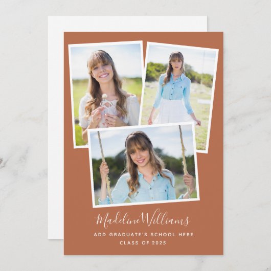 Invitation Photo Collage Earthy Rust Graduation (Devant / Derrière)