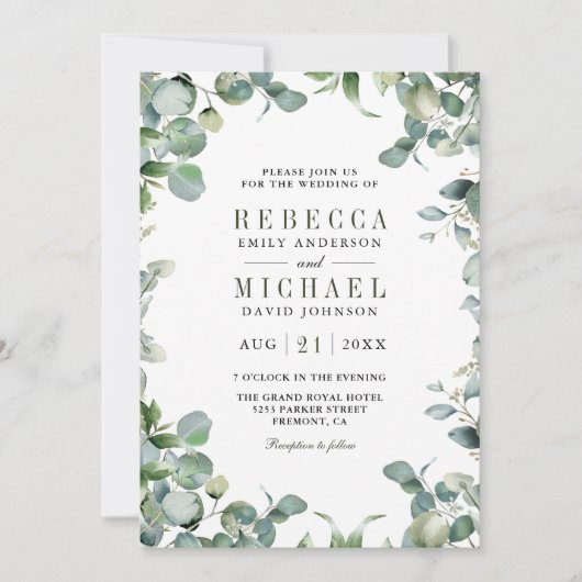 Invitation Photo Collage Eucalyptus moderne QR Code Mariage (Devant)