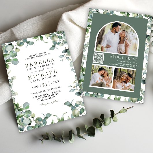 Invitation Photo Collage Eucalyptus moderne QR Code Mariage