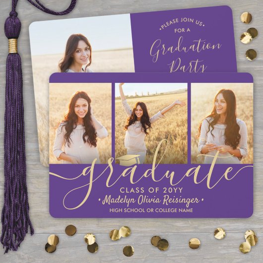 Invitation Photo Collage Purple et Gold Graduation Party