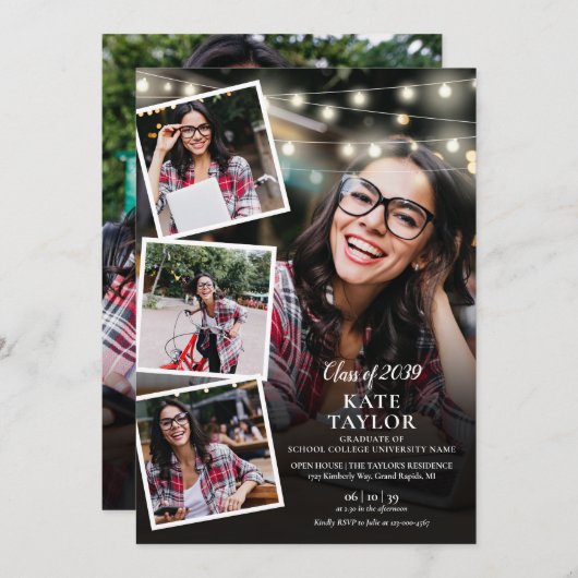 Invitation Photo Collage String Lights Graduation Party (Devant / Derrière)