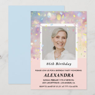 Invitation Photo Confettis roses 86e anniversaire