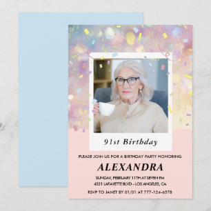 Invitation Photo Confettis roses 91e anniversaire