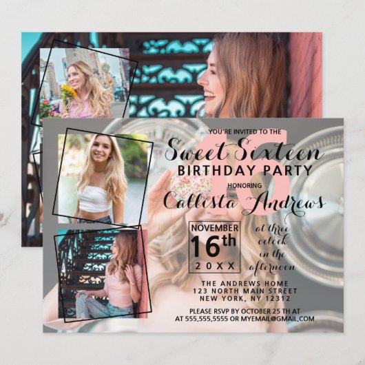 Invitation Photo Cool moderne Collage Sweet 16 Anniversaire (Devant / Derrière)