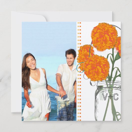 Invitation Photo Coral Turquoise Rustique Mason Jar Carnation (Dos)