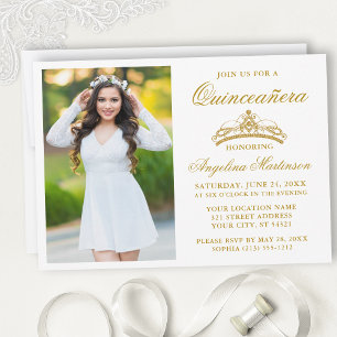 Invitation Photo Couronne or Elegant Moderne Quinceanera