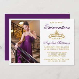 Invitation Photo Couronne or Elégante moderne Quinceanera vio