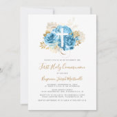 Invitation Photo Croix Bleue Or Floral Première communion (Devant)