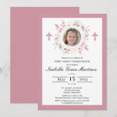 Invitation Photo Croix florale rose Première communion sainte (Devant / Derrière)