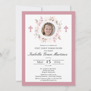 Invitation Photo Croix florale rose Première communion sainte