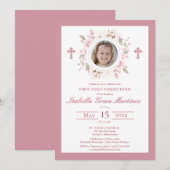 Invitation Photo Croix florale rose Première communion sainte (Devant / Derrière)