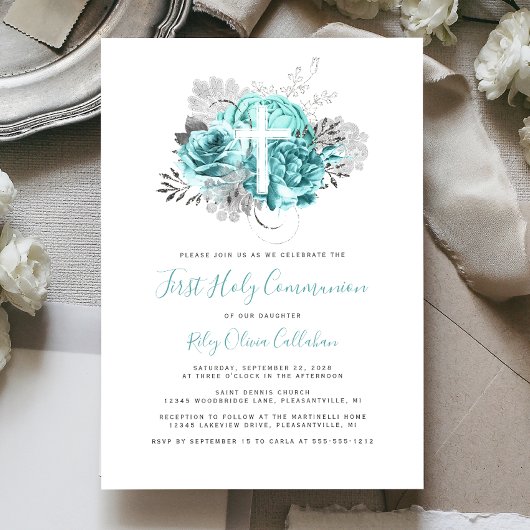 Invitation Photo Cross Aqua Argent Floral Première communion