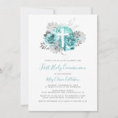 Invitation Photo Cross Aqua Argent Floral Première communion (Devant)