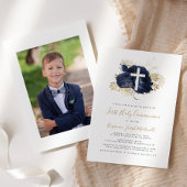Invitation Photo Cross Navy Blue Gold Floral First Communion