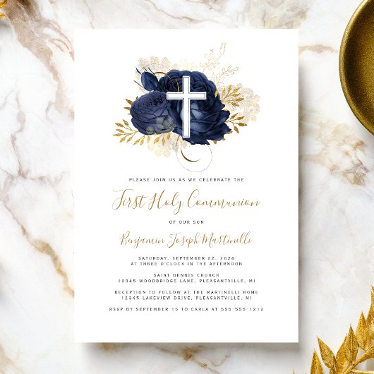 Invitation Photo Cross Navy Blue Gold Floral First Communion