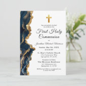 Invitation Photo Cross Navy Blue Gold Première communion (Debout devant)