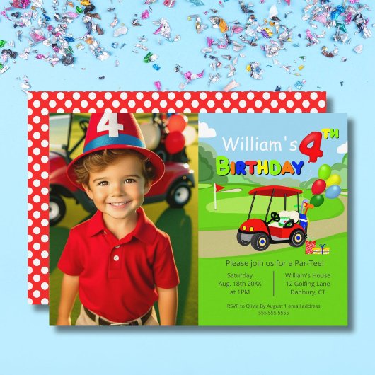 Invitation Photo Cute 4th Birthday Red Golf Cart Boy's