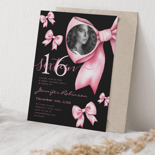 Invitation PHOTO Cute Coquette Blush Pink Bow Sweet 16 Noir
