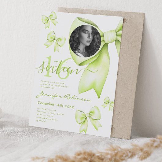Invitation PHOTO Cute Coquette Lime Green Bow Sweet 16