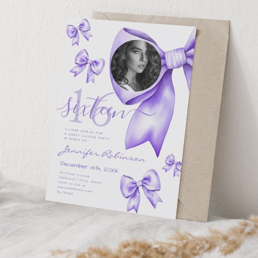 Invitation PHOTO Cute Coquette Purple Bow Sweet 16