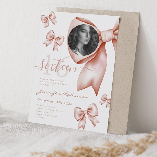 Invitation PHOTO Cute Coquette Rose Gold Bow Sweet 16